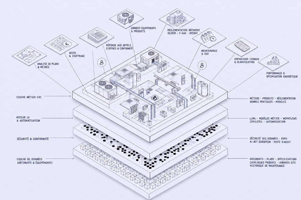 Les couches de la plateforme, de bas en haut : couche de données (documents, plans, catalogues produits, historique de maintenance), sécurité et conformité (RGPD, AI Act, piste d'audit), moteur IA et automatisation, puis la couche métier CVC — sur laquelle se branchent l'analyse de plans et métrés, le chiffrage, la réponse aux appels d'offres, la maintenance, les opérations terrain et l'optimisation énergétique.